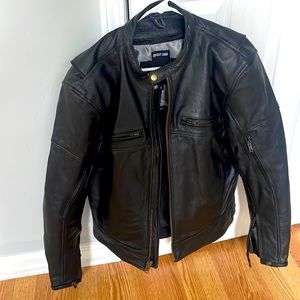 Motorcycle gear, black leather jacket
